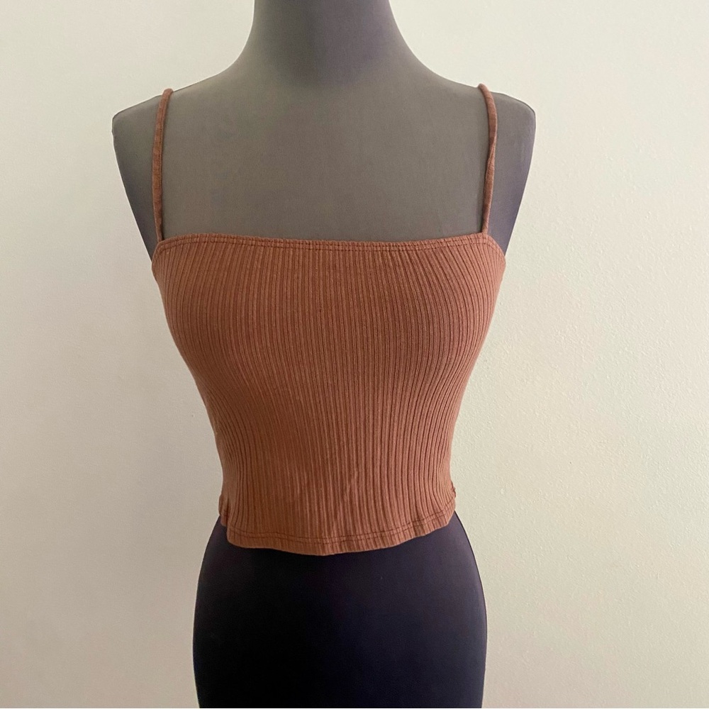REFORMATION BROWN RIBBED KNIT SPAGHETTI STRAP CROPPED TANK TOP SIZE SMALL